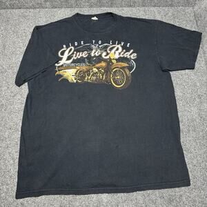 Vtg Men’s ANVIL Black Motorcycle Print ”Ride To Live” T-Shirt (Size XL) Distress